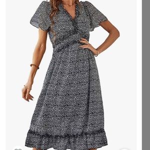 NWT Deep V Neck Boho Midi Dress Ruffle Short Sleeve A-Line Chiffon L